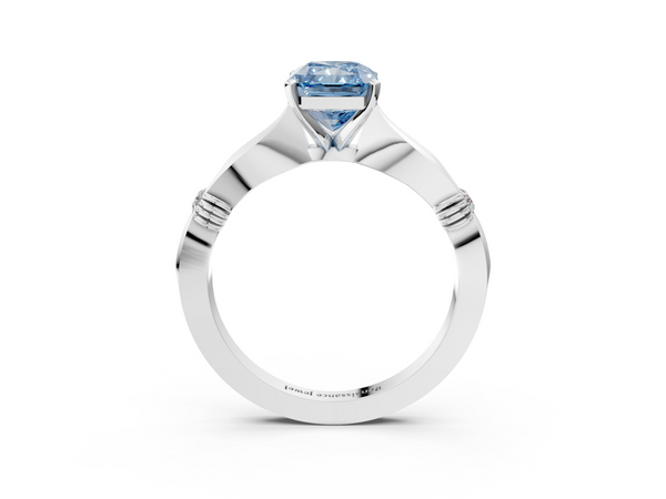 Platinum Fancy Blue Radiant  Solitaire Diamond Twisted Band with Four-Prong Setting