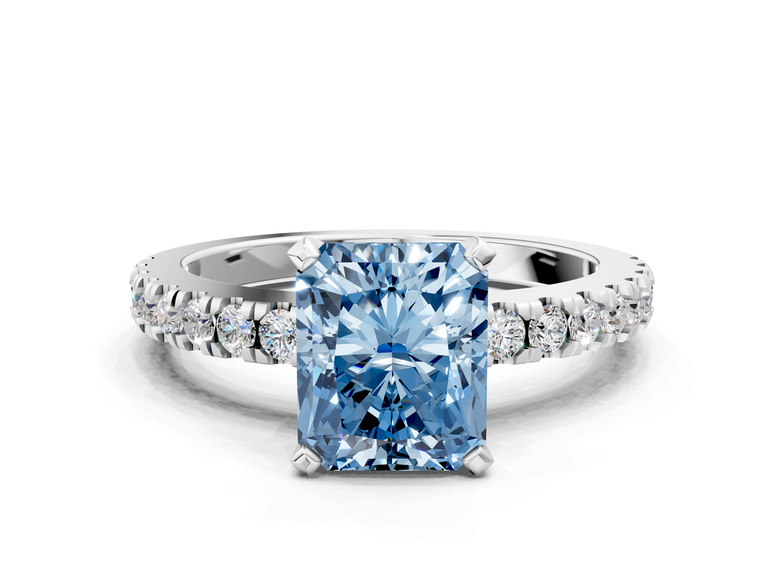 White gold Fancy Blue Radiant  Solitaire Diamond with Pavé Band and Four-Prong Setting_109
