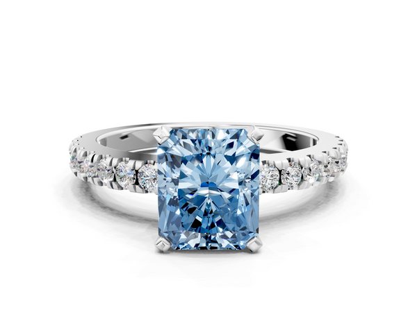 White gold Fancy Blue Radiant  Solitaire Diamond with Pavé Band and Four-Prong Setting