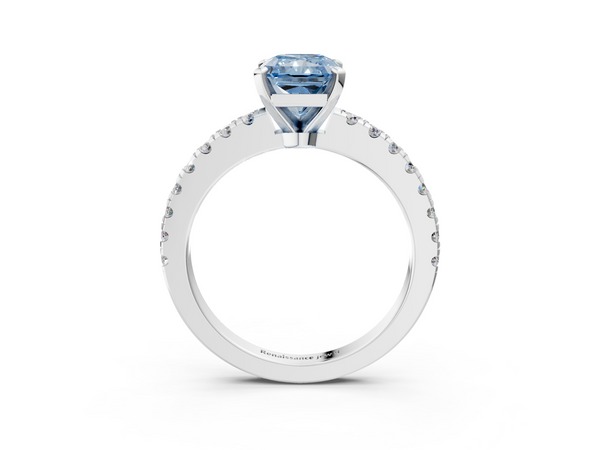 White gold Fancy Blue Radiant  Solitaire Diamond with Pavé Band and Four-Prong Setting