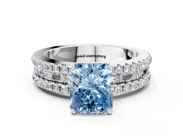 Platinum Radiant Cut Pave and Baguette Engagement Ring Setting for Fancy Blue Center