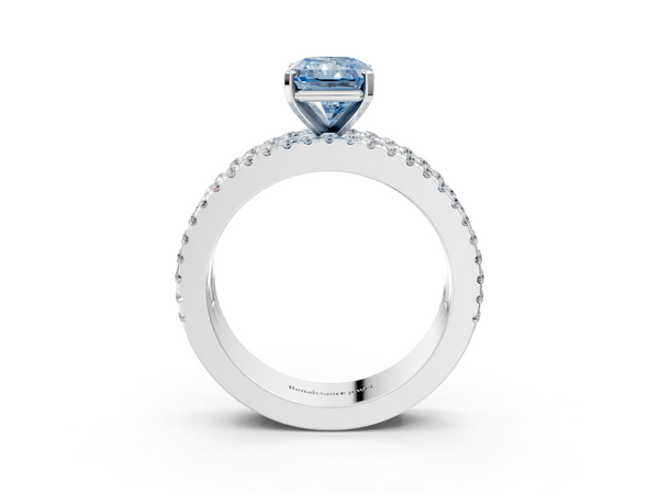 White Gold Radiant Cut Pave and Baguette Engagement Ring Setting for Fancy Blue Center