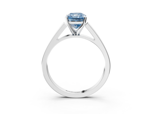 White gold Fancy Blue Radiant  Solitaire Engagement Ring with Four-Prong Setting and Tapered Band