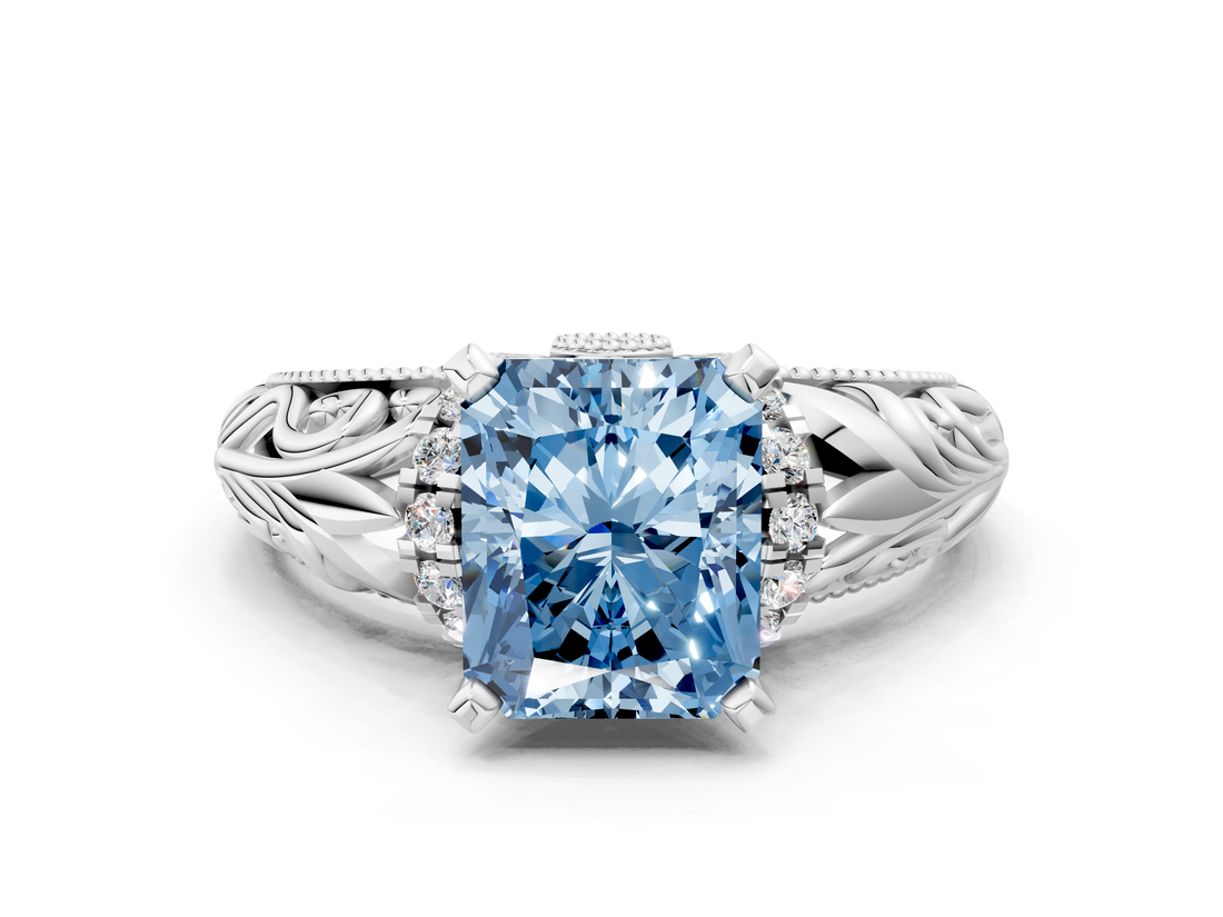 White gold Fancy Blue Radiant  Solitaire Filigree Engagement Ring with Halo and Prong Setting_63