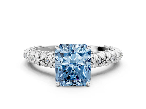 Platinum Fancy Blue Radiant  Solitaire Floral Milgrain Engagement Ring