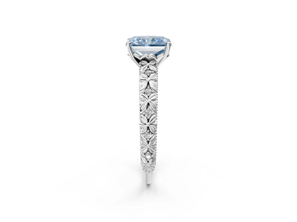 Platinum Fancy Blue Radiant  Solitaire Floral Milgrain Engagement Ring