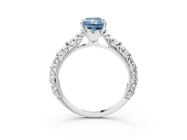 Platinum Fancy Blue Radiant  Solitaire Floral Milgrain Engagement Ring