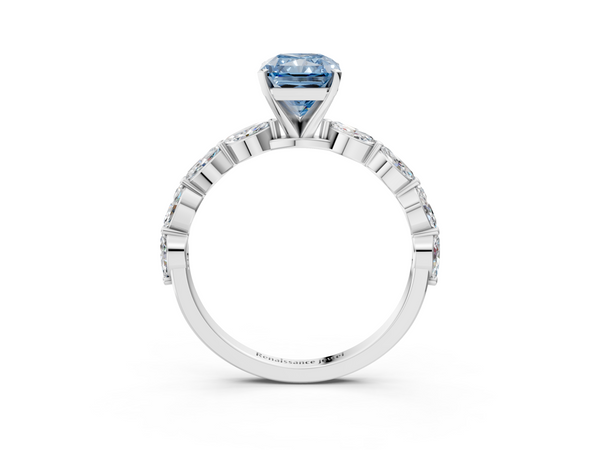 Platinum Fancy Blue Radiant Cut Diamond Ring with Marquise Side Stones and Prong Setting