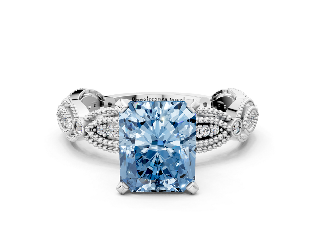 White gold Fancy Blue Radiant  Solitaire Milgrain Diamond Engagement Ring with Bezel and Marquise Band_108