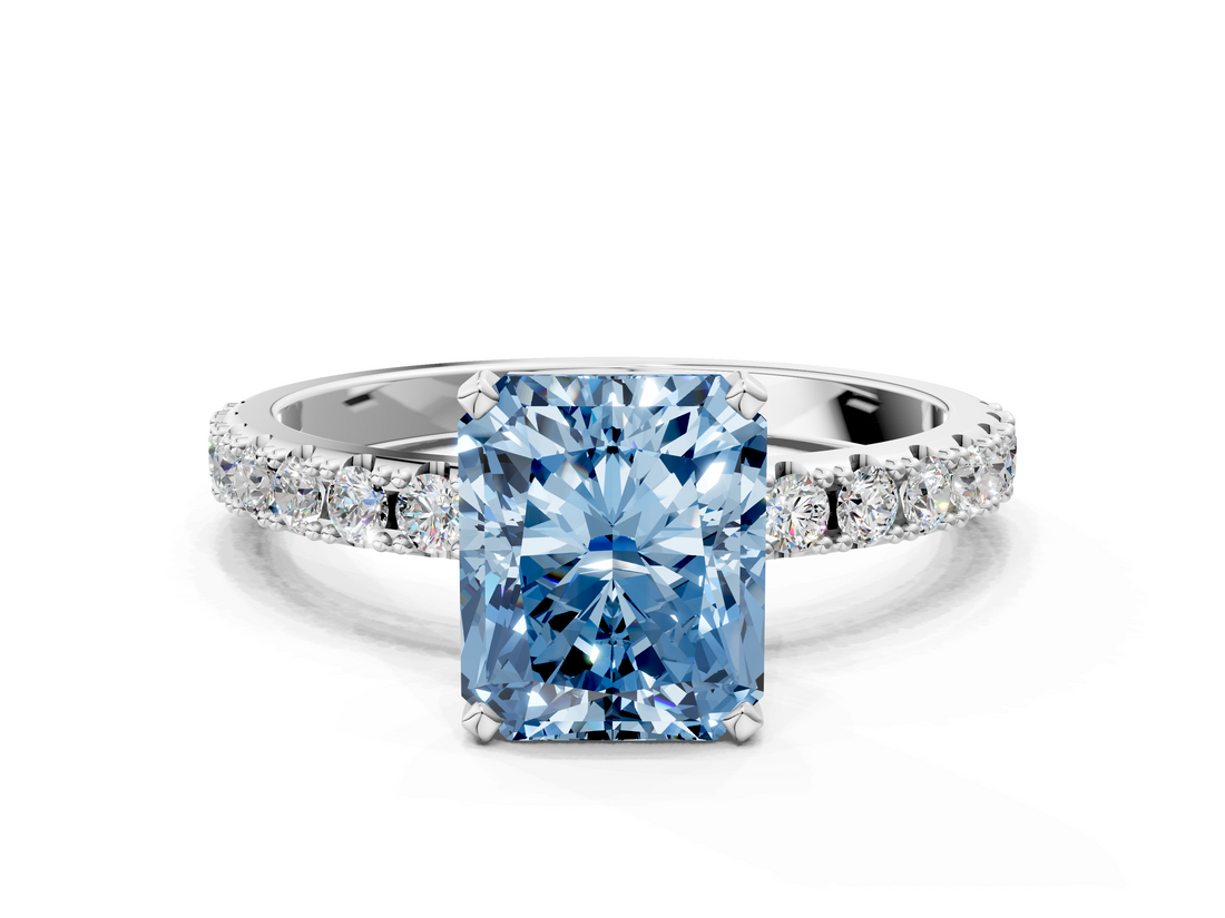 White gold Fancy Blue Radiant  Solitaire Pavé Band with Four-Prong Setting_156