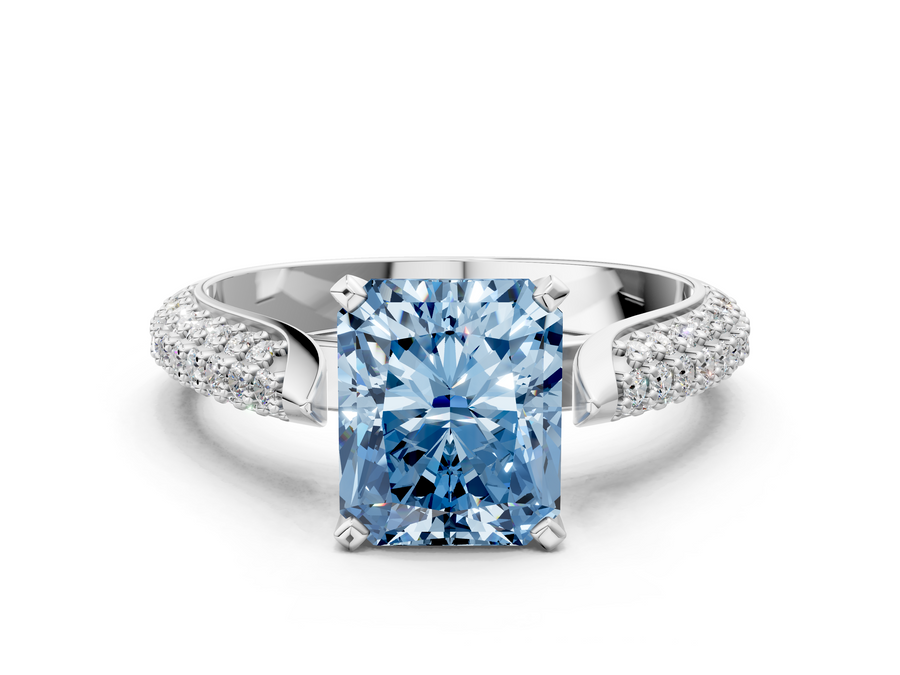White gold Fancy Blue Radiant  Diamond Solitaire Engagement Ring with Pavé Band and Four-Prong Setting