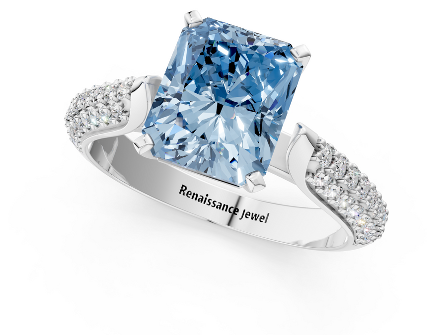 White gold Fancy Blue Radiant  Diamond Solitaire Engagement Ring with Pavé Band and Four-Prong Setting