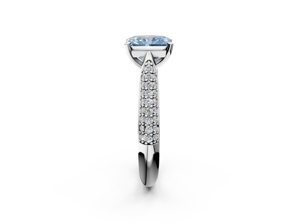 White gold Fancy Blue Radiant  Diamond Solitaire Engagement Ring with Pavé Band and Four-Prong Setting