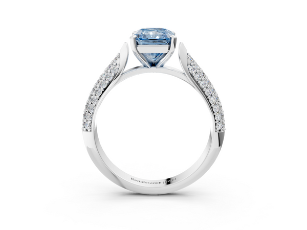 White gold Fancy Blue Radiant  Diamond Solitaire Engagement Ring with Pavé Band and Four-Prong Setting