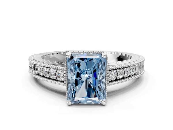 Platinum Fancy Blue Radiant  Solitaire Pavé Diamond Milgrain Engagement Ring with Four-Prong Setting