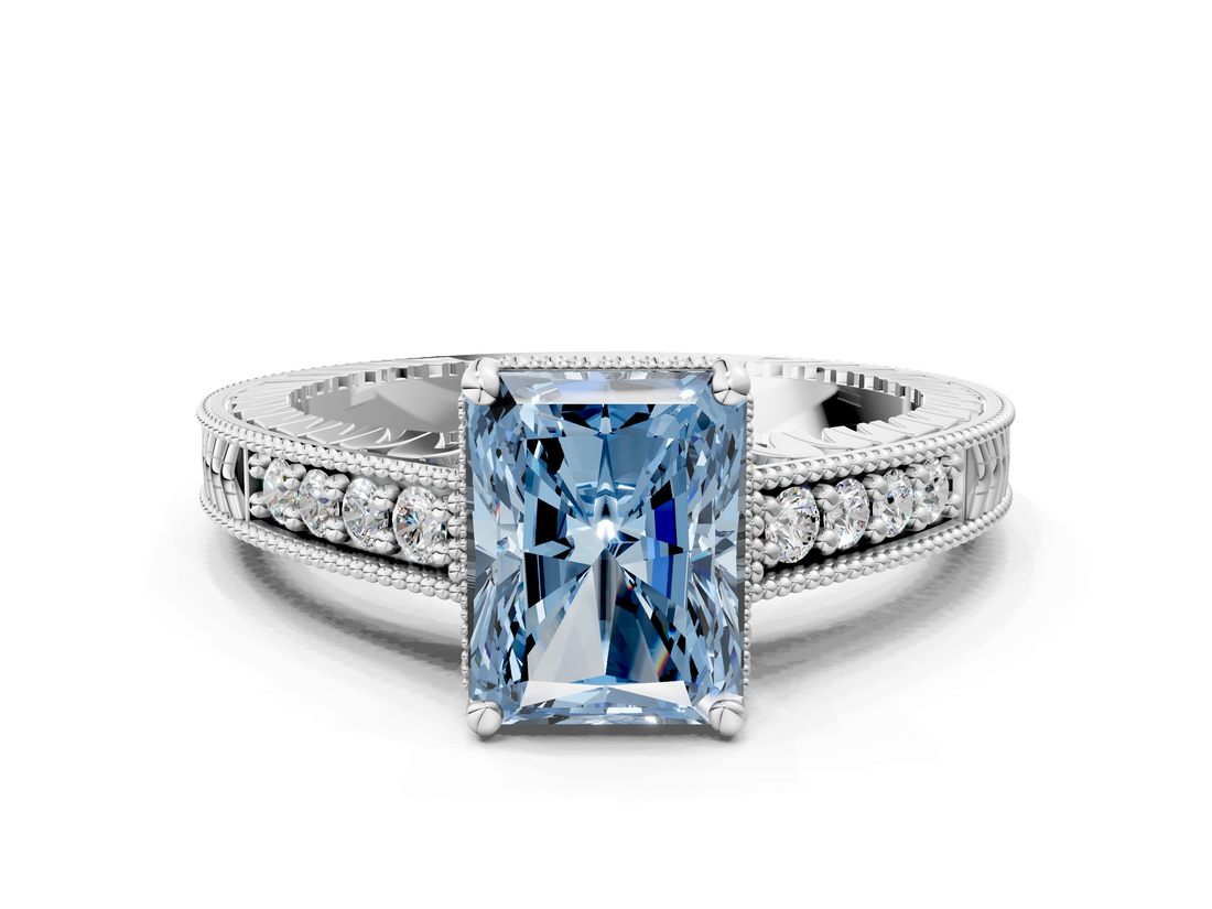 White gold Fancy Blue Radiant  Solitaire Pavé Diamond Milgrain Engagement Ring with Four-Prong Setting_3