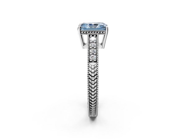 Platinum Fancy Blue Radiant  Solitaire Pavé Diamond Milgrain Engagement Ring with Four-Prong Setting