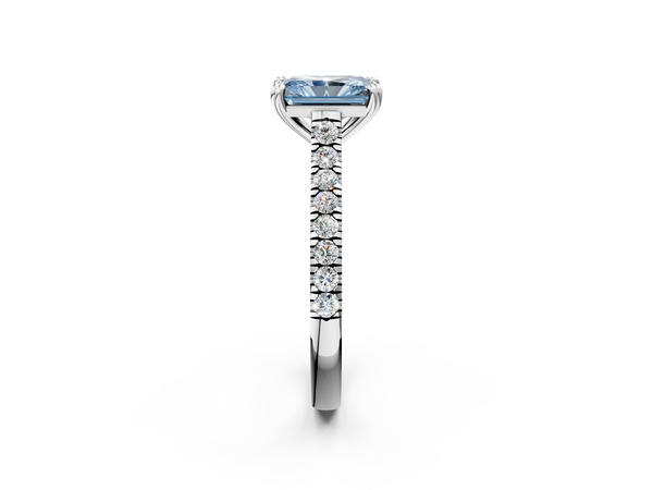 White gold Fancy Blue Radiant  Solitaire Pave Diamond Engagement Ring with Prong Setting