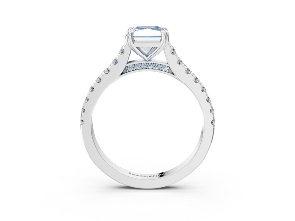 White gold Fancy Blue Radiant  Solitaire Pave Diamond Engagement Ring with Prong Setting