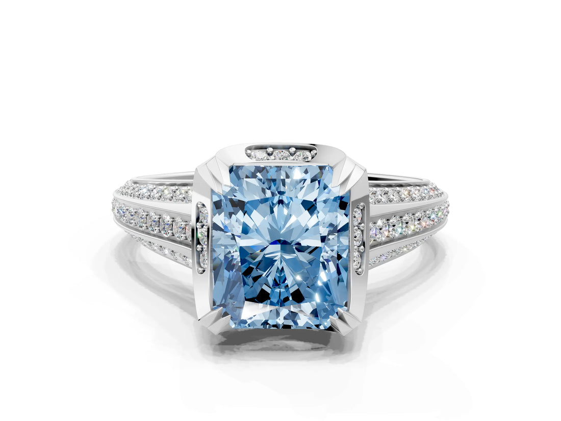 White gold Fancy Blue Radiant  Solitaire Pave Split Shank Ring with Four-Prong Setting_111