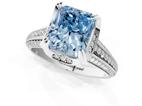 Platinum Fancy Blue Radiant  Solitaire Pave Split Shank Ring with Four-Prong Setting