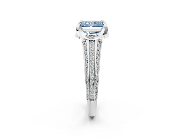 Platinum Fancy Blue Radiant  Solitaire Pave Split Shank Ring with Four-Prong Setting
