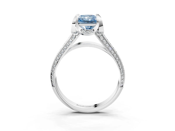 Platinum Fancy Blue Radiant  Solitaire Pave Split Shank Ring with Four-Prong Setting
