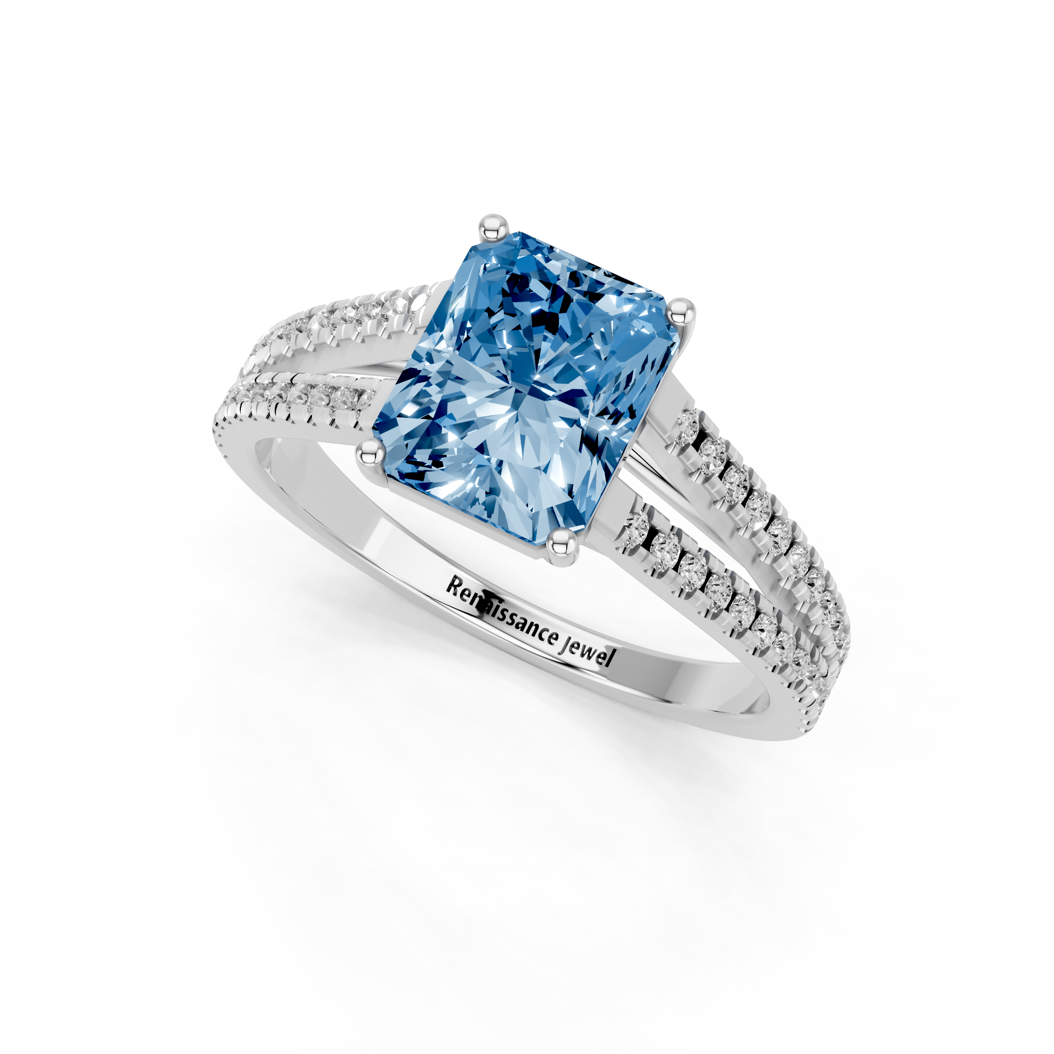 White gold Fancy Blue Radiant  Solitaire Split Shank Pavé Diamond Engagement Ring_254