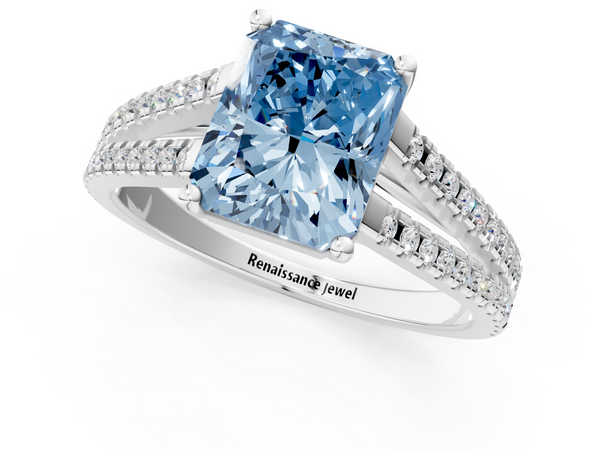 Platinum Fancy Blue Radiant Cut Diamond Solitaire Engagement Ring with Split Shank Pavé Band