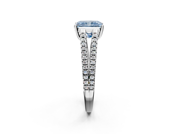 Platinum Fancy Blue Radiant Cut Diamond Solitaire Engagement Ring with Split Shank Pavé Band