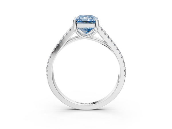 Platinum Fancy Blue Radiant Cut Diamond Solitaire Engagement Ring with Split Shank Pavé Band