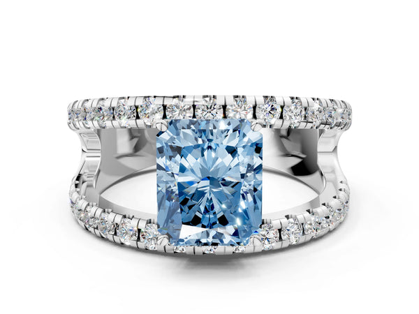 White gold Fancy Blue Radiant  Solitaire Split Shank Pave Diamond Ring