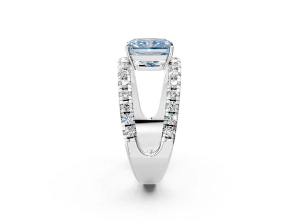 White gold Fancy Blue Radiant  Solitaire Split Shank Pave Diamond Ring