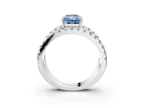 White gold Fancy Blue Radiant  Solitaire Split Shank Pave Diamond Ring