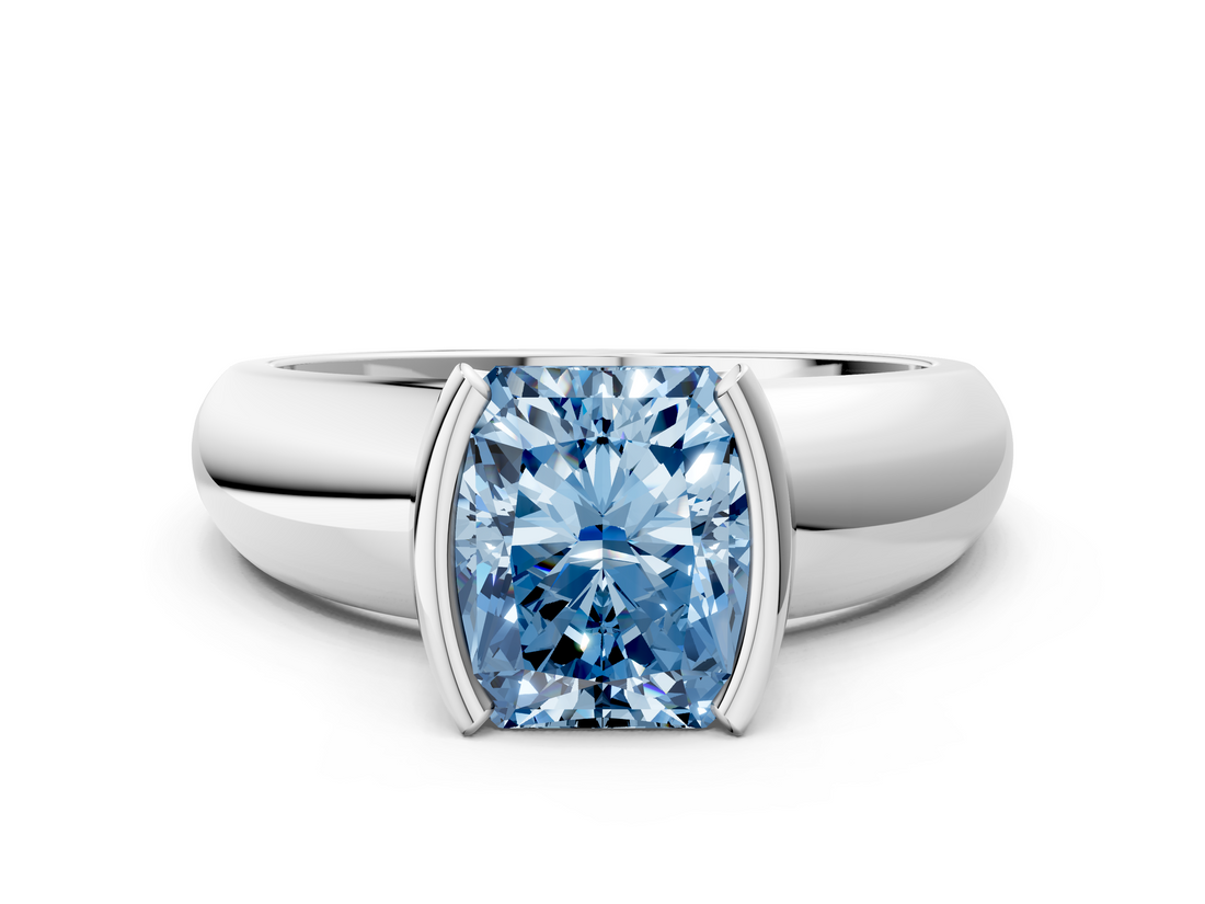 White gold Fancy Blue Radiant  Solitaire Tension Set Diamond Ring with Wide Band_37