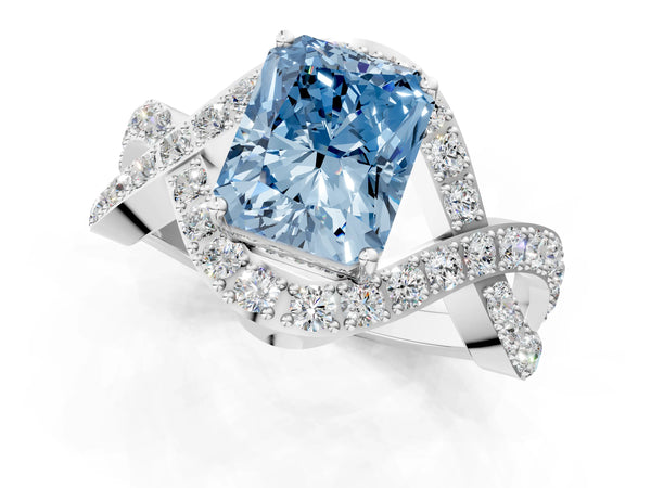 White gold Fancy Blue Radiant  Solitaire Twist Band Pavé Diamond Engagement Ring