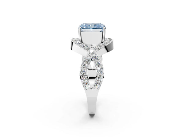 White gold Fancy Blue Radiant  Solitaire Twist Band Pavé Diamond Engagement Ring