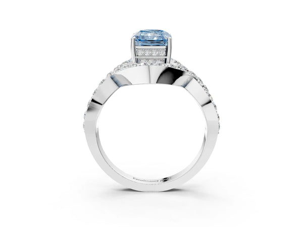 White gold Fancy Blue Radiant  Solitaire Twist Band Pavé Diamond Engagement Ring