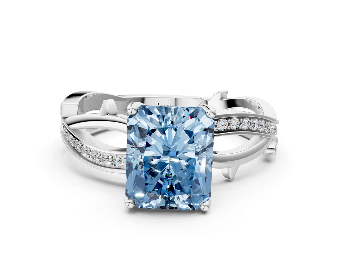 White gold Fancy Blue Radiant  Solitaire Twist Band with Pavé Accents and Four-Prong Setting_20