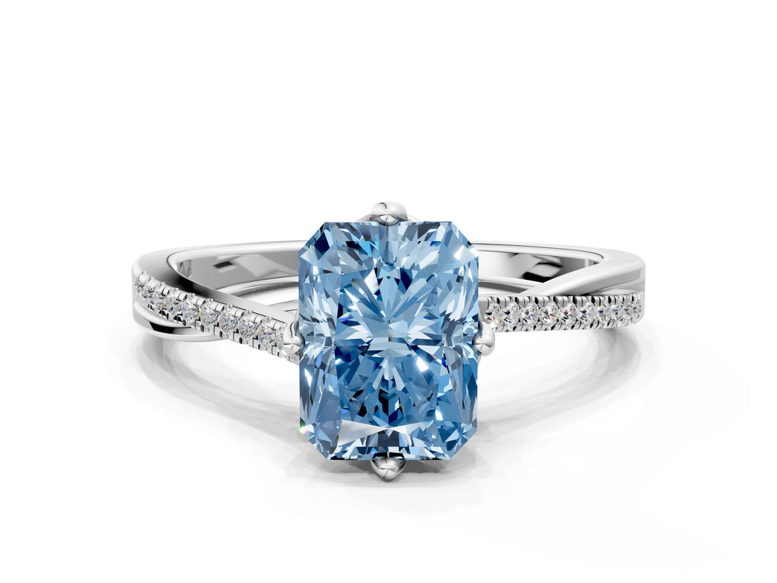 White gold Fancy Blue Radiant  Solitaire Twist Band with Pavé Diamonds and Four-Prong Setting_65