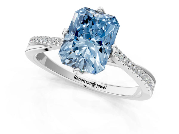 Platinum Fancy Blue Radiant  Solitaire Twist Band with Pavé Diamonds and Four-Prong Setting