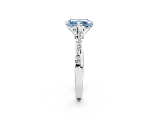 Platinum Fancy Blue Radiant  Solitaire Twist Band with Pavé Diamonds and Four-Prong Setting