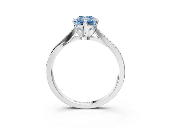 Platinum Fancy Blue Radiant  Solitaire Twist Band with Pavé Diamonds and Four-Prong Setting