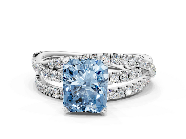 Platinum Fancy Blue Radiant  Solitaire Twist Band with Pavé Setting and Four-Prong Setting