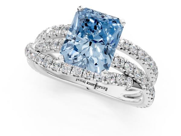 Platinum Fancy Blue Radiant  Solitaire Twist Band with Pavé Setting and Four-Prong Setting