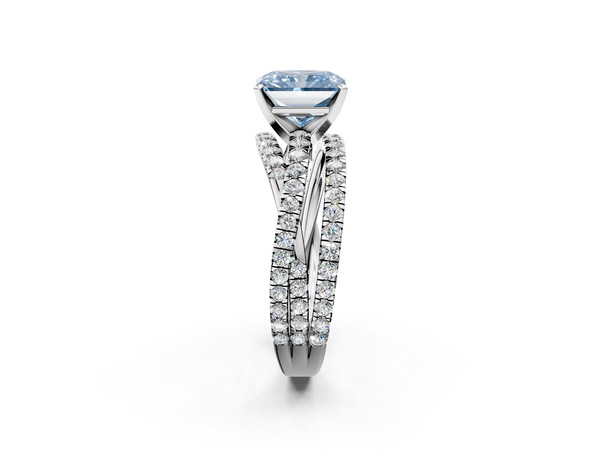 Platinum Fancy Blue Radiant  Solitaire Twist Band with Pavé Setting and Four-Prong Setting