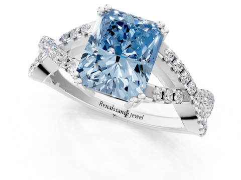 White gold Fancy Blue Radiant  Solitaire Twist Band with Pavé Setting and Four-Prong Setting_32