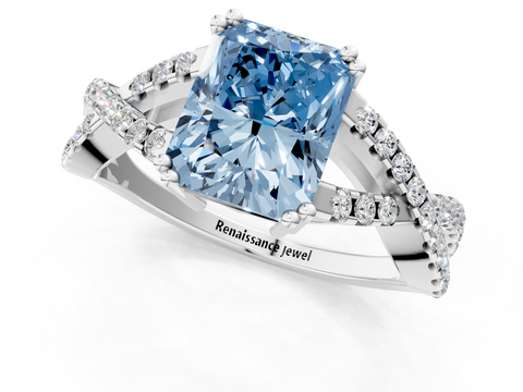 White gold Fancy Blue Radiant  Solitaire Twist Band with Pavé Setting and Four-Prong Setting_34