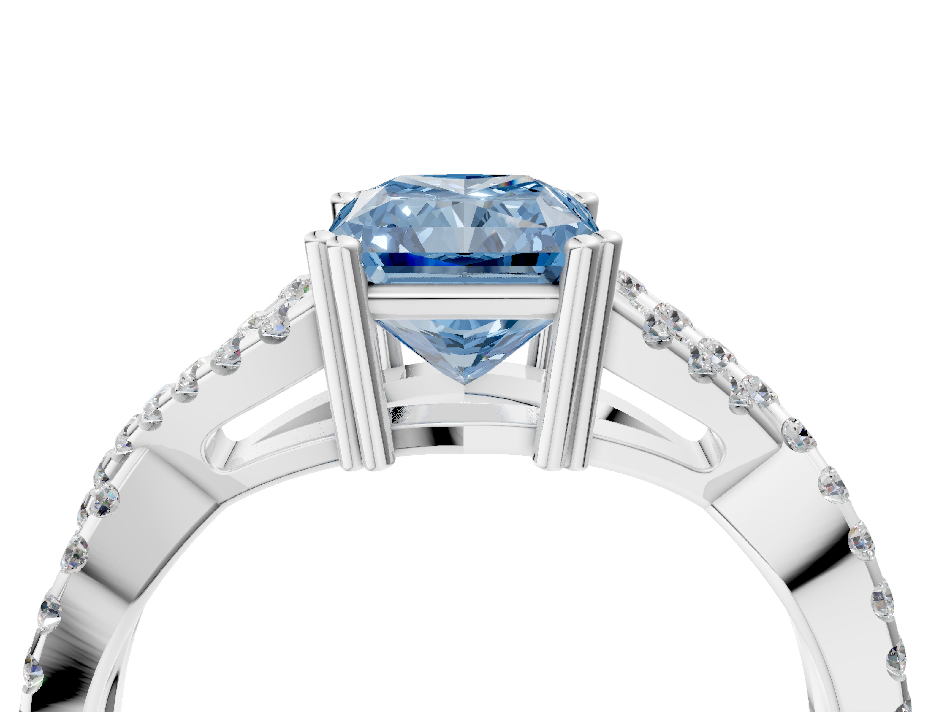 White gold Fancy Blue Radiant  Solitaire Twist Band with Pavé Setting and Four-Prong Setting_35