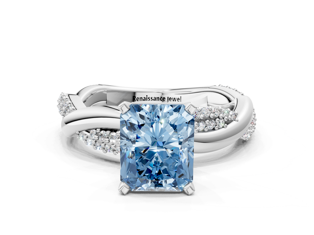 White gold Fancy Blue Radiant  Solitaire Twist Band with Pave Prong Setting_58